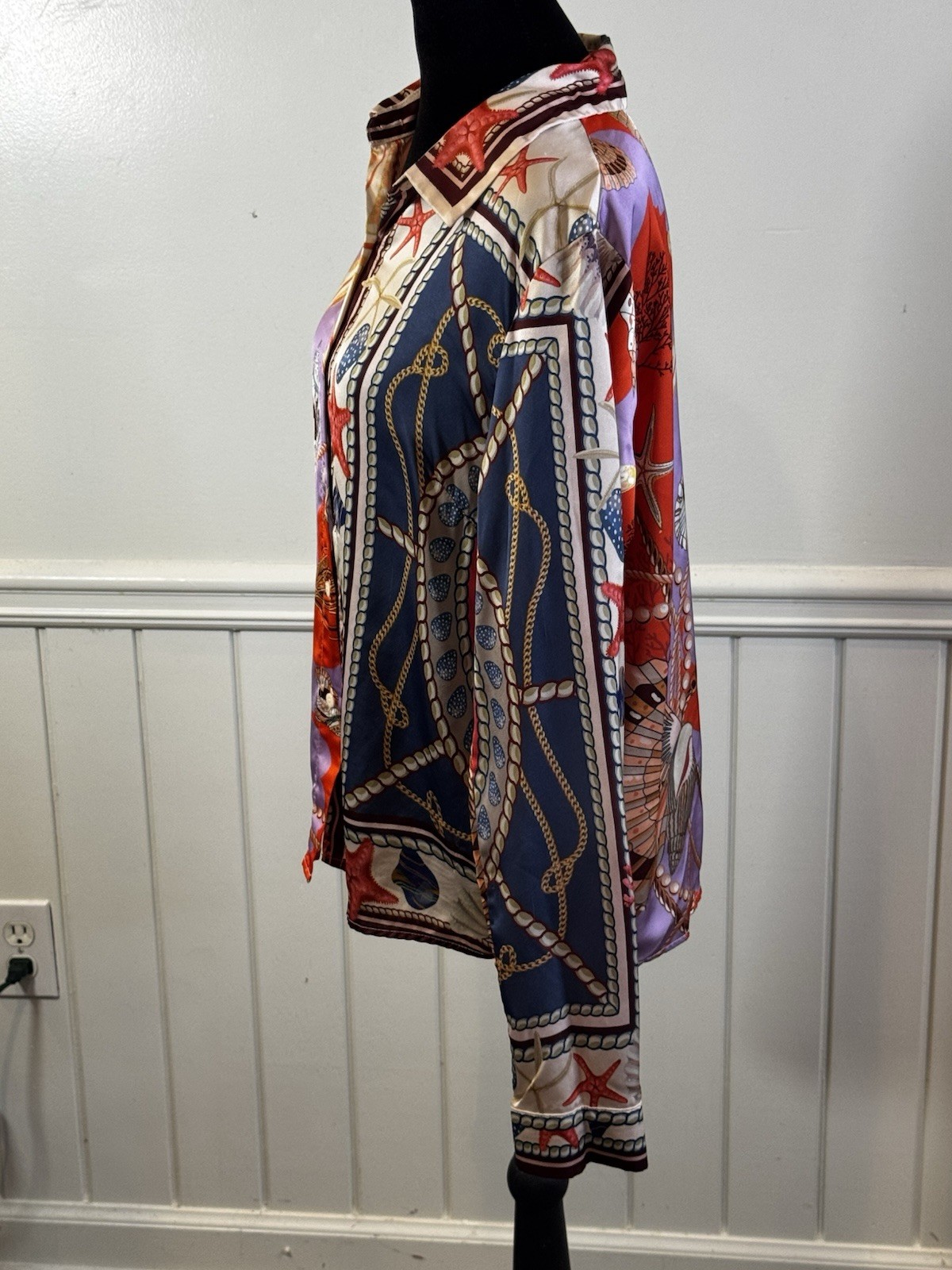 Coastal Chic Button Down Top L Marine Print Beach Vacation Nautical Resort Wear
