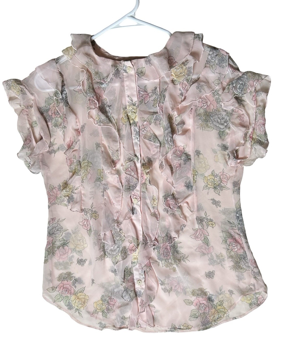 VTG Nilani Semi Sheer Ruffled Top Size 6 Pink Floral Short Sleeve Button Down