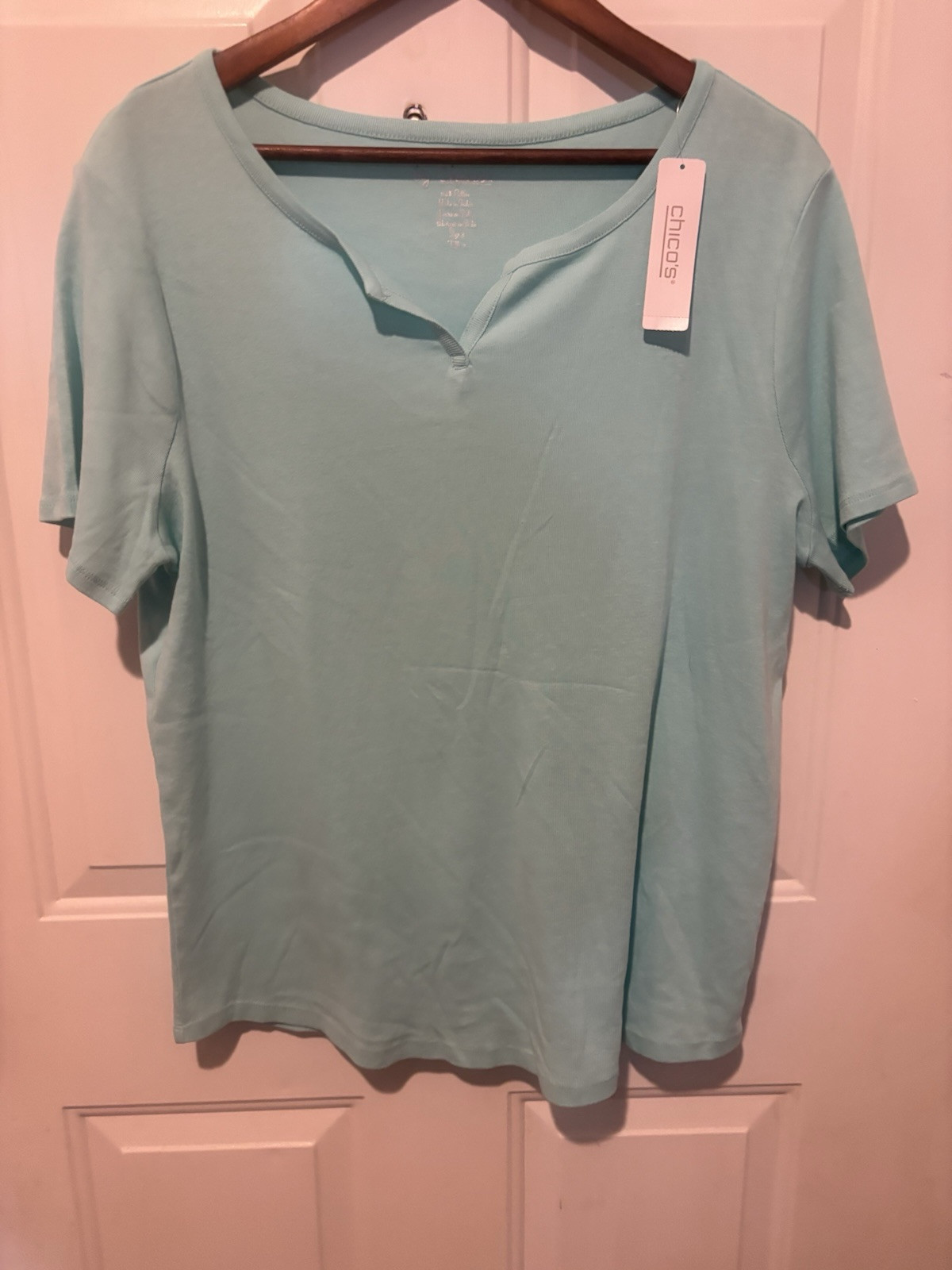 NWT Chico’s Shirt Women’s XL Caribbean Blue Short Sleeve Top Light Wash
