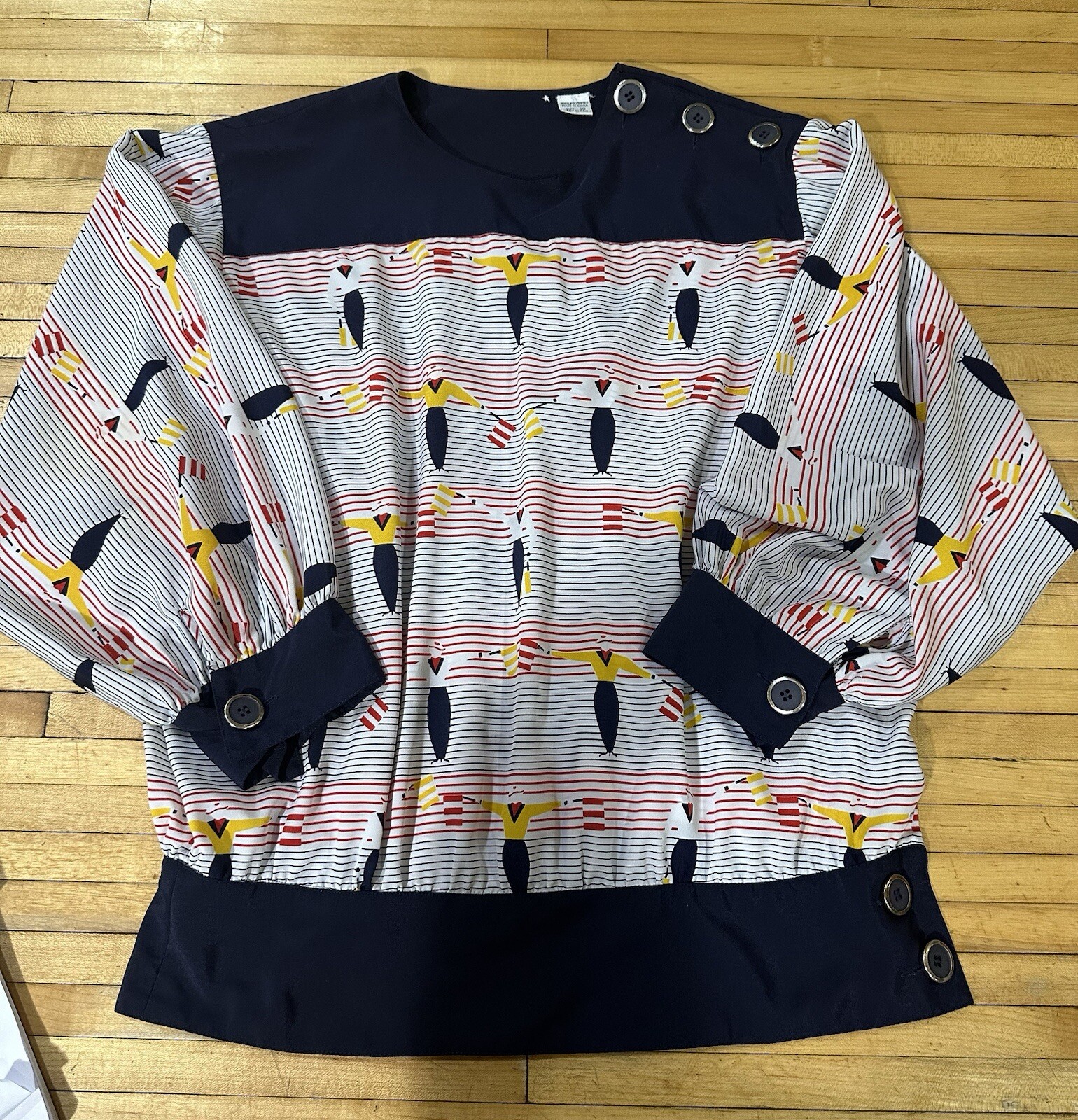 Navy Nautical Blue/Red/White Yellow Stripe Blouse Balloon Cuffs Size 10 Womens