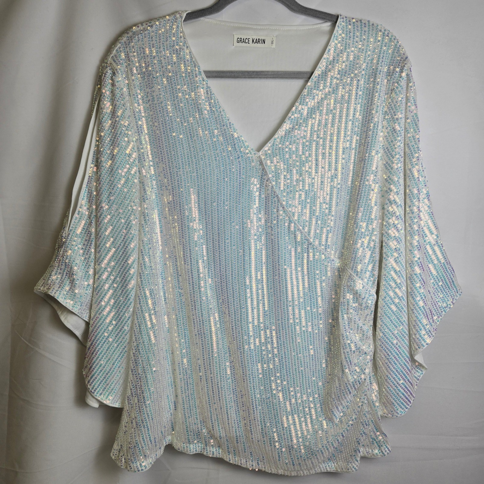Grace Karin Sparkly Sequin Top 3/4 Bell Sleeves Surplice Neckline White Blue 2XL