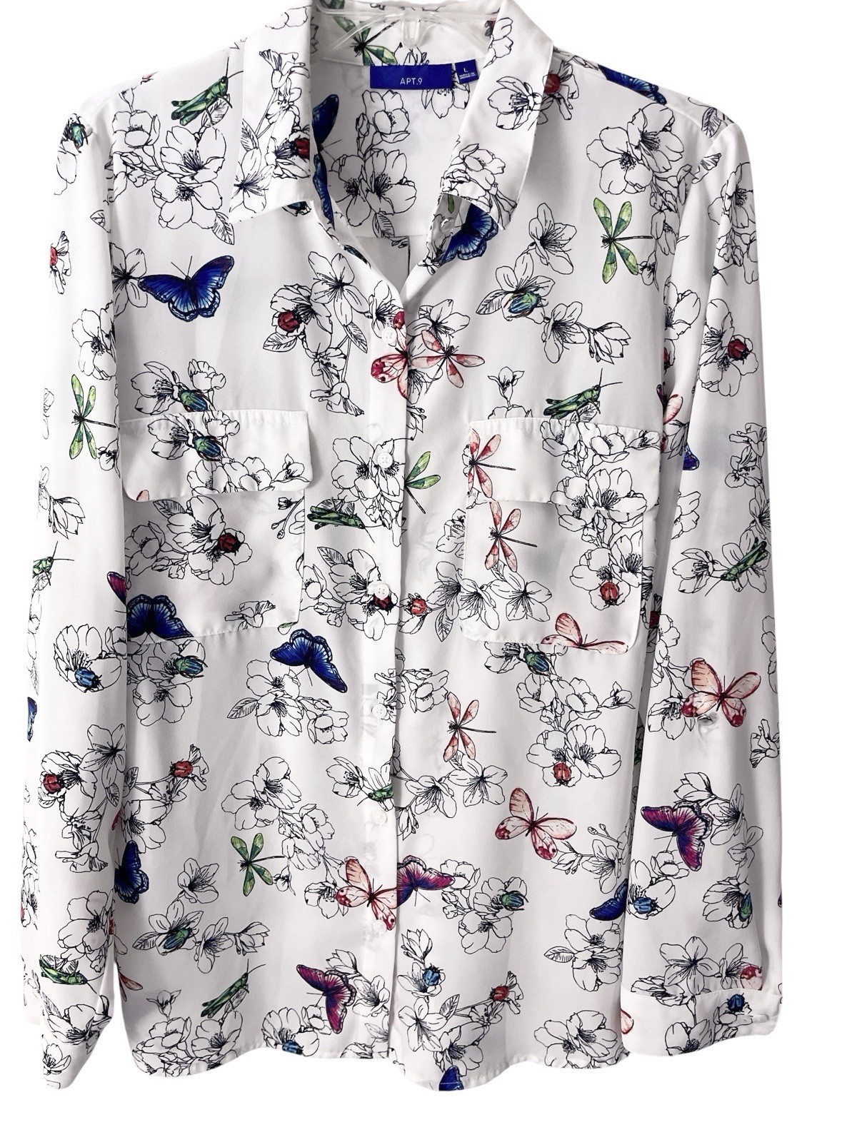 Apt 9 Top Womens L Colorful Print Button Up Butterfly Dragonfly Beetles Floral