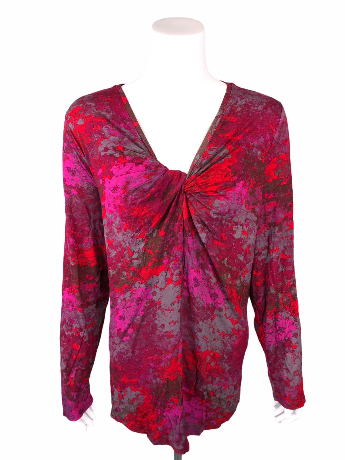 H by Halston Printed V-Neck Long-Sleeve Top w/ Twist Detail Red Multi Small Size