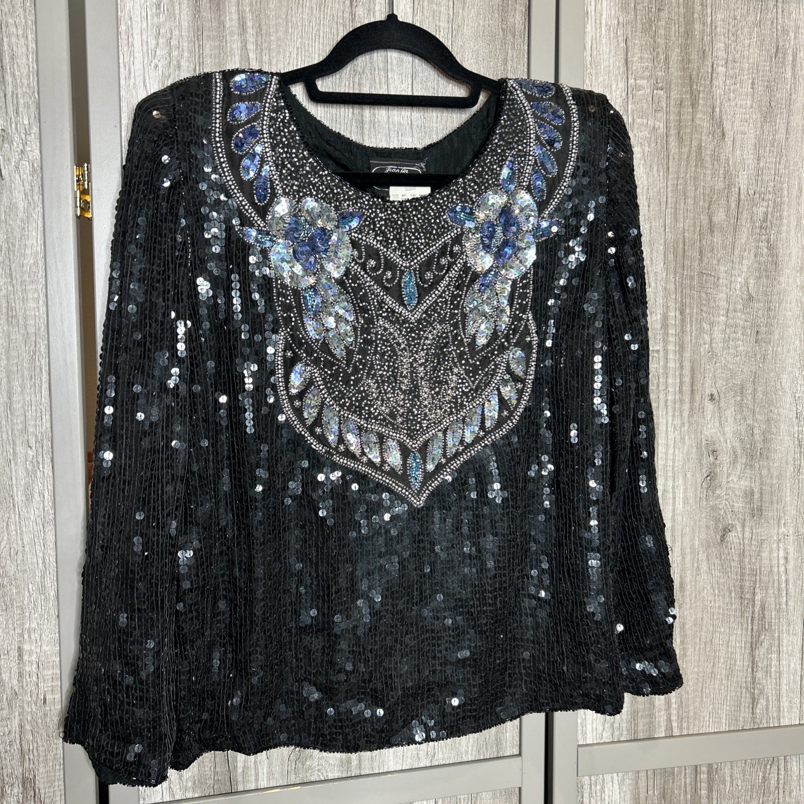 Jean for Joseph Le Bon Beaded Top Women Size M Silk Black Silver Long Sleeves