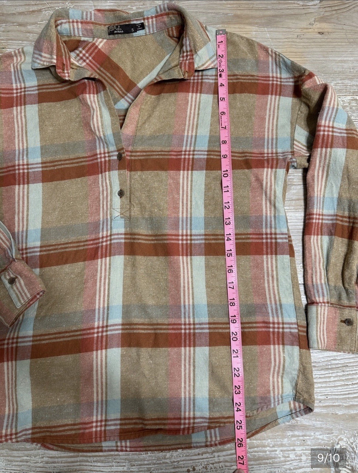 PrAna Dante Women’s Flannel Popover Organic Cotton / Hemp Blend Sz S Rust Plaid