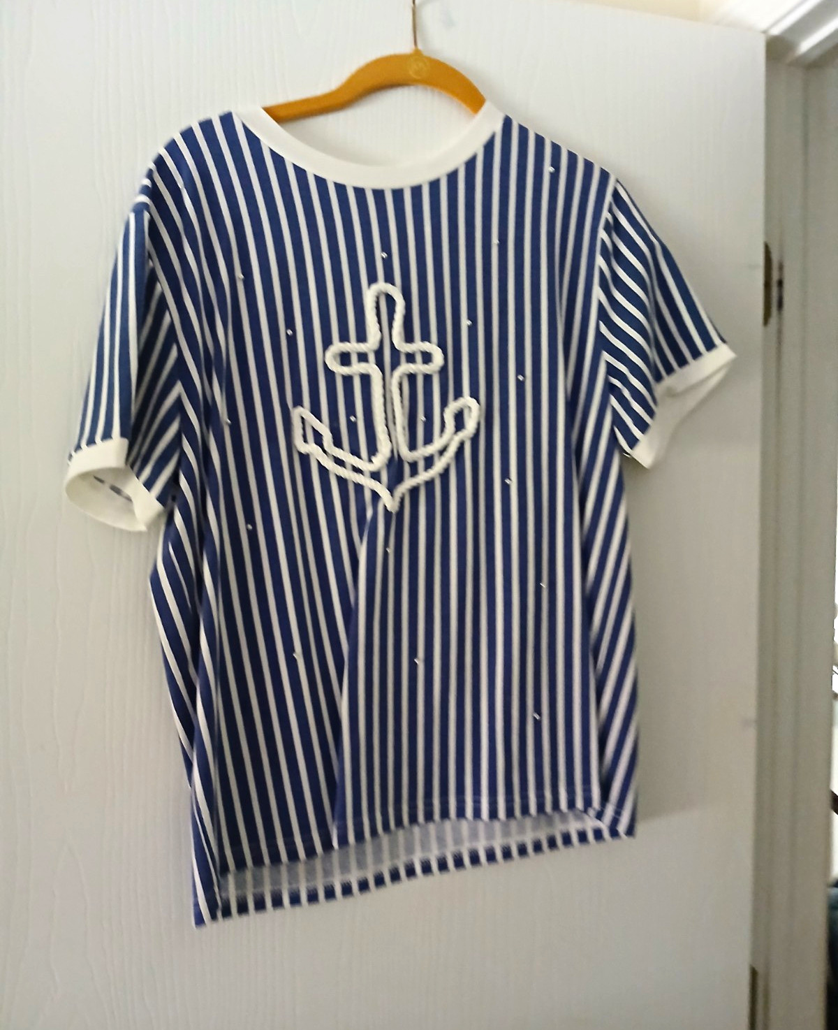 Women’s Blue White Striped Nautical Anchor Embroidered Knit Tee L
