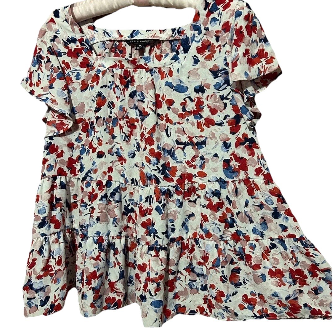 Zac & Rachel Top M Cute Silky Floral Popover Shirt Blouse Women’s Size Medium