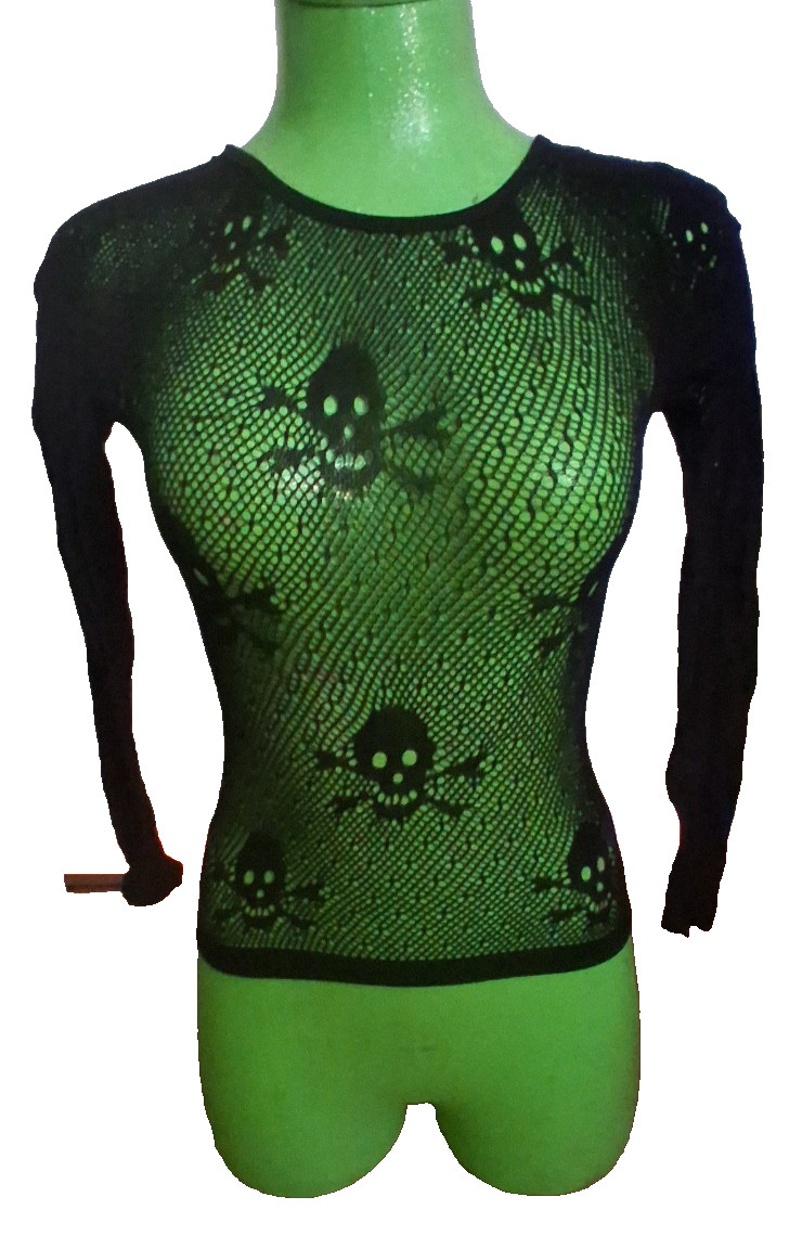 WOMAN’S NWOT BLACK NETTED STRETCH LONG SLEEVE SEXY SKULL TOP ONE SIZE S M L