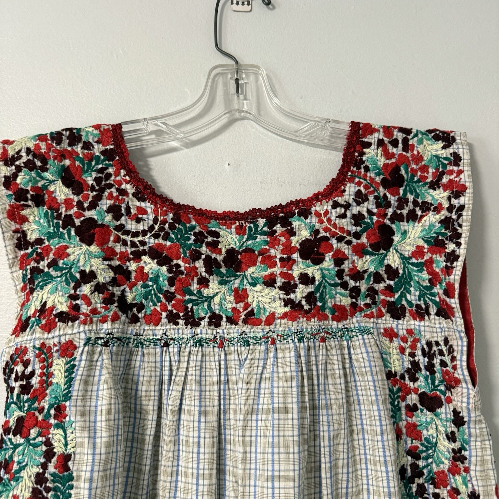 Mi Golondrina Hand Embroidered Tunic Top Blouse Red Green Floral Plaid S Mexico