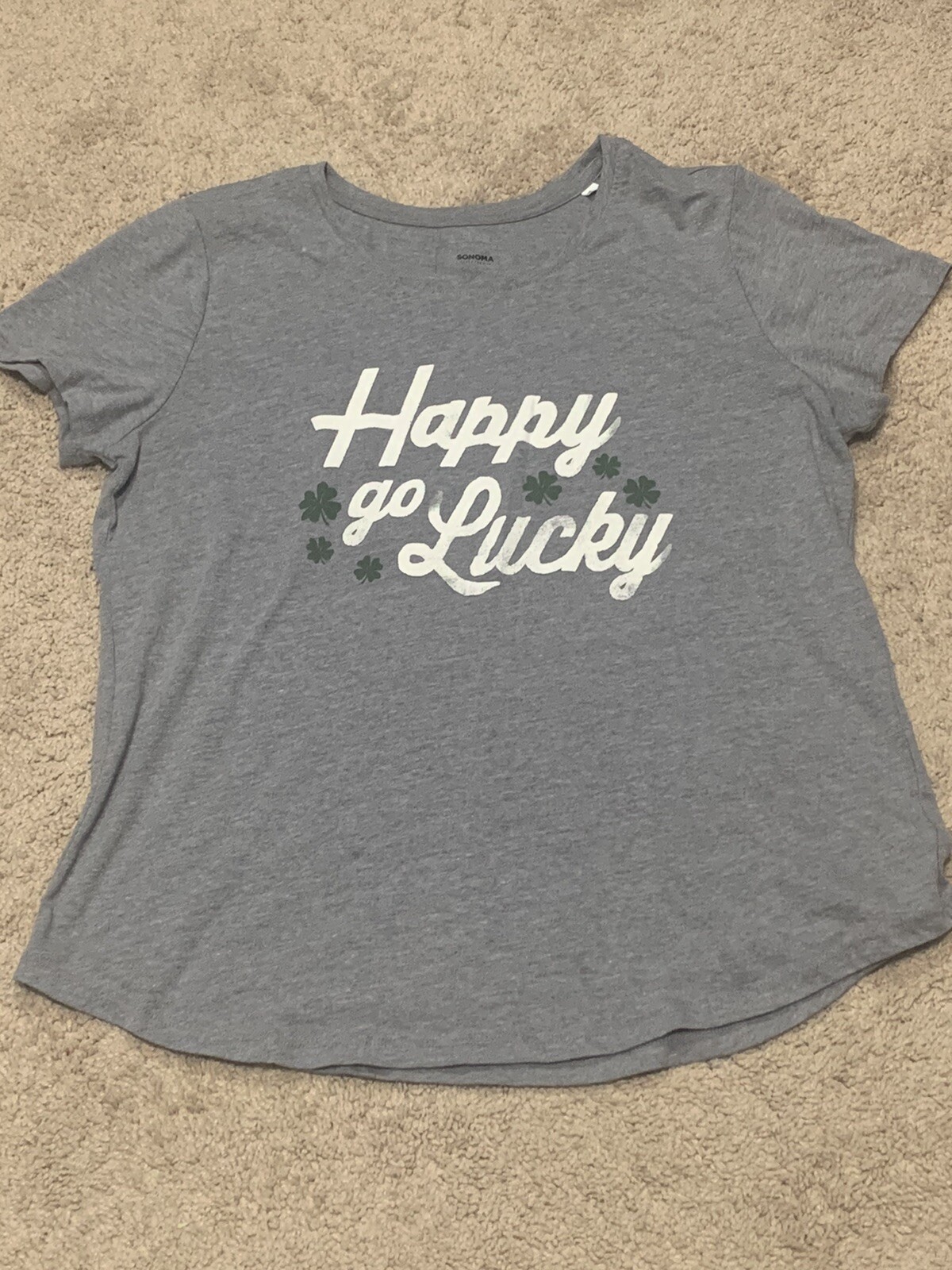 Sonoma Womens T-Shirt Size Large Gray Happy Go Lucky Comfy Casual Top