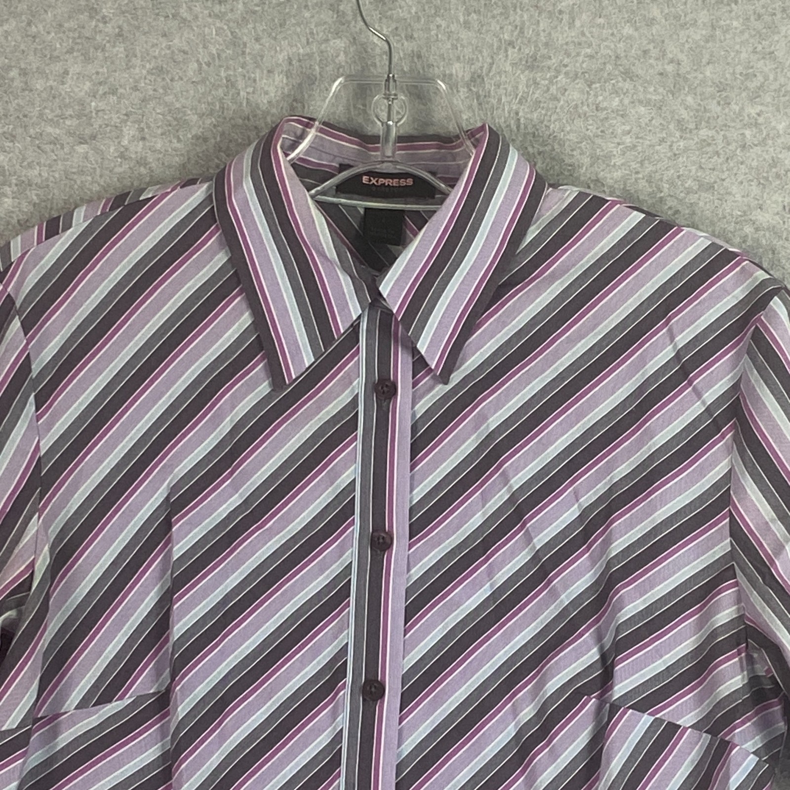 Express Top Womens 2 Gray Pink Striped Button Front Long Sleeve Stretch Blouse