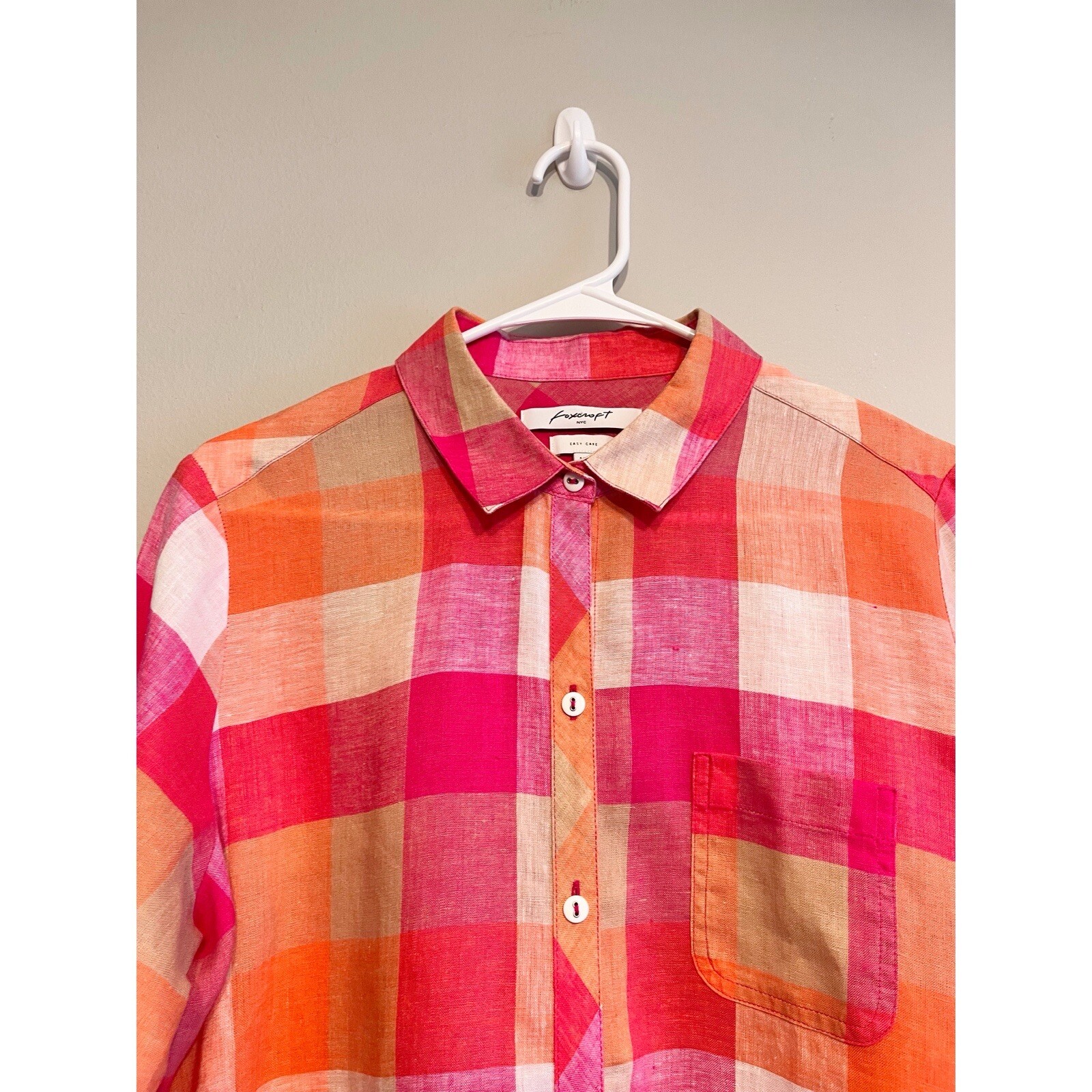 Foxcroft Easy Care Linen Tamara Check Top in Pink and Orange Petite 14