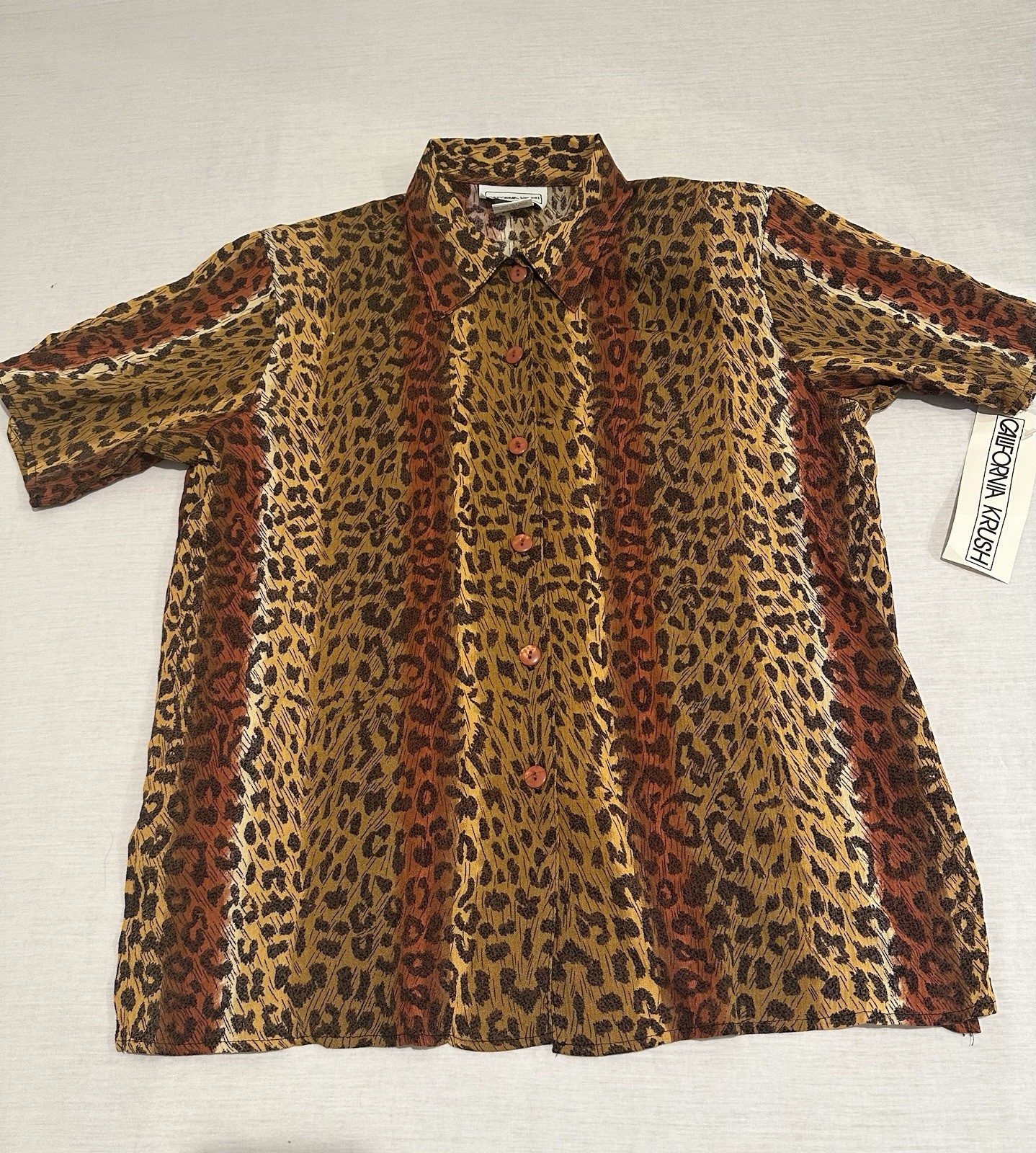 Vtg California Krush Women’s Leopard Animal Print Collared Button-Up Blouse L