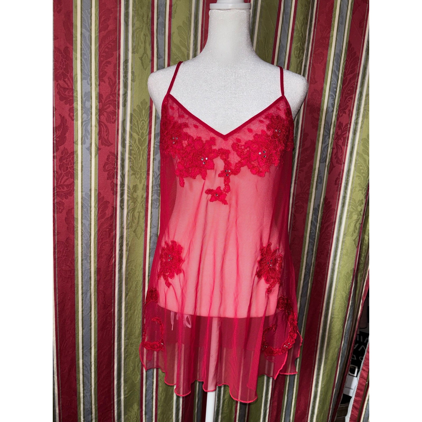 Beautiful Red Victoria’s Secret Sheer Slip Dress Lace Lingerie Dress Size Large