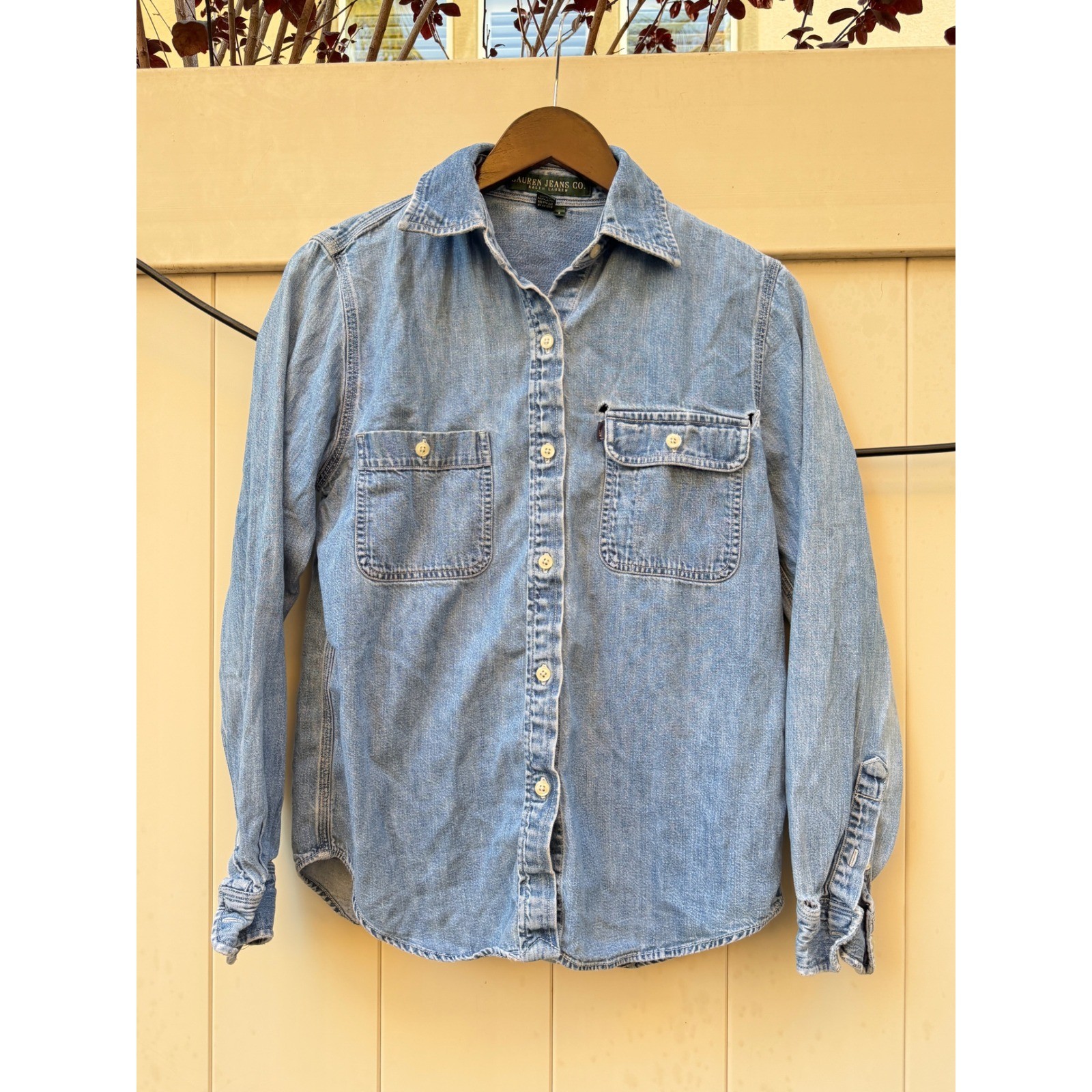 Lauren Jeans Co Ralph Lauren Distressed Denim Button Down Shirt Light Wash Blue