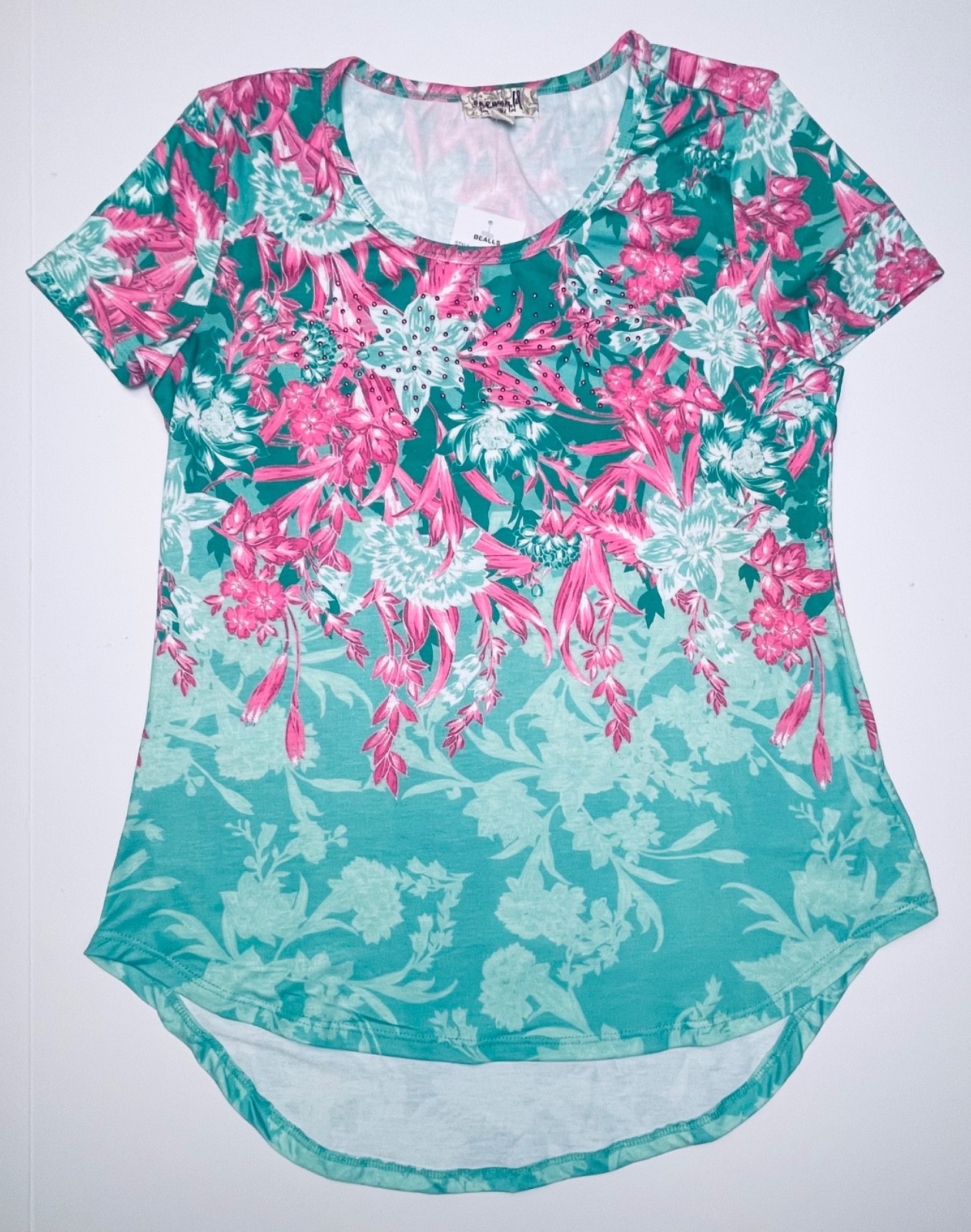Women’s One World Rhinestone floral teal/aqua pink PS 1X short sleeve shirt $26