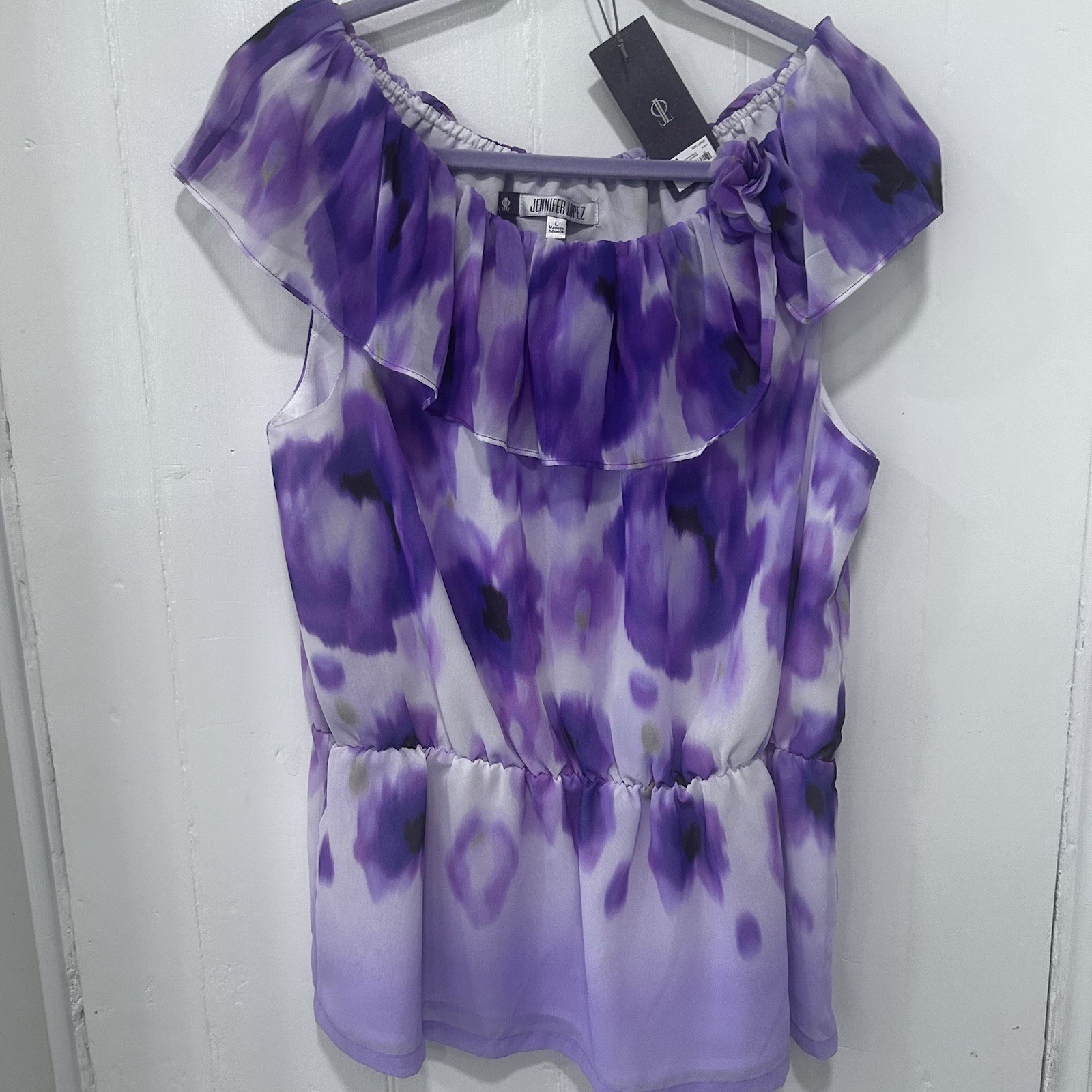 NEW Jennifer Lopez Purple Floral Neck Ruffle Lined Blouse L Poppyfield FLOWY