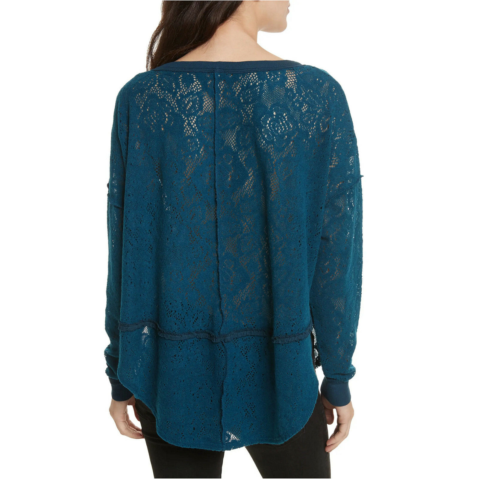 FREE PEOPLE Jewel Blue Not Cold In This Floral Brushed Lace Knit High Low Top S