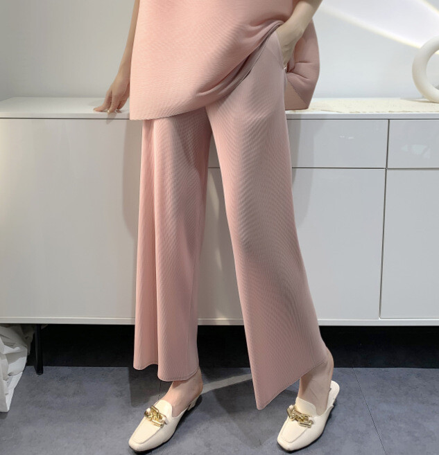 Summer Women’s Wrinkle Loose Top Straight Leg Trouser Split Wide Leg Trouser