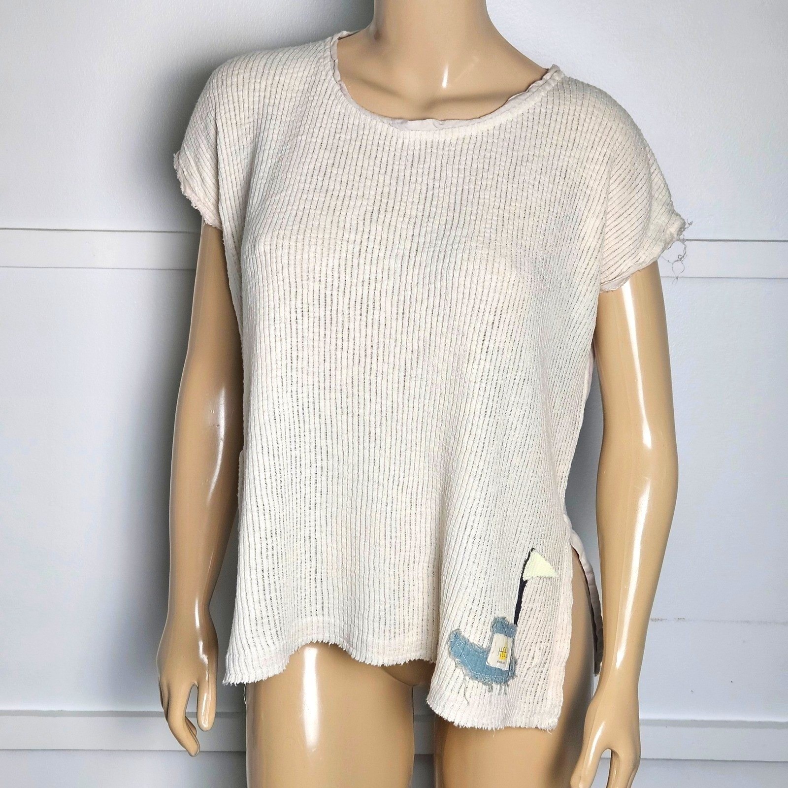 Heel Athens Lab Ivory Textured Knit Open Back Applique Boho Top Made in Greece M