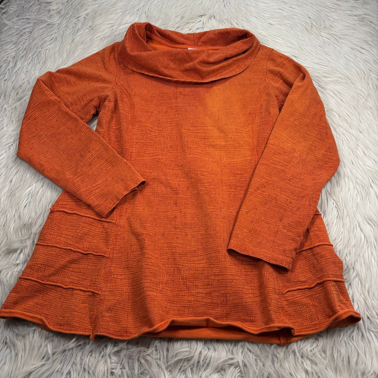 Color Me Cotton Women’s M Orange Printed Cowl Neck Top Art to Wear Long Sleeve
