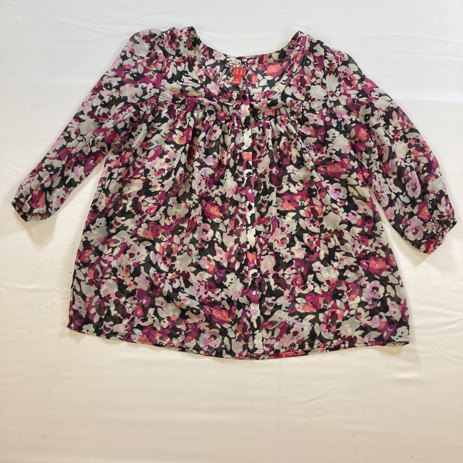 ELLE Womens Medium Black White Pink Purple Floral Button Up Sheer Blouse Top EUC