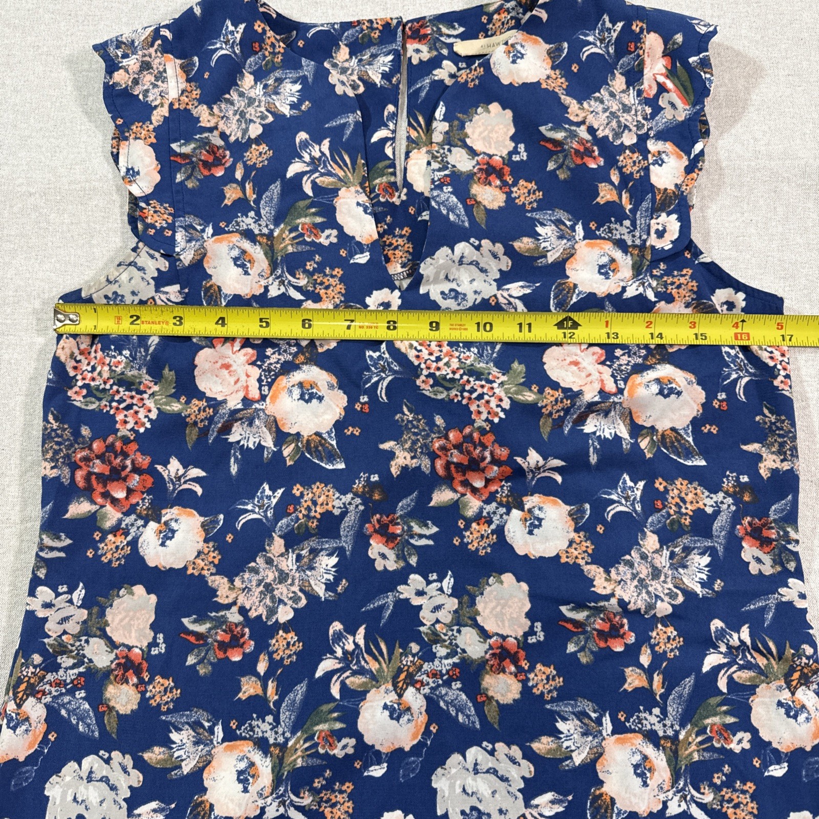 41 Hawthorne Scalloped Cap Sleeve Blouse Xs Womens Blue Floral V Neck Key Hole