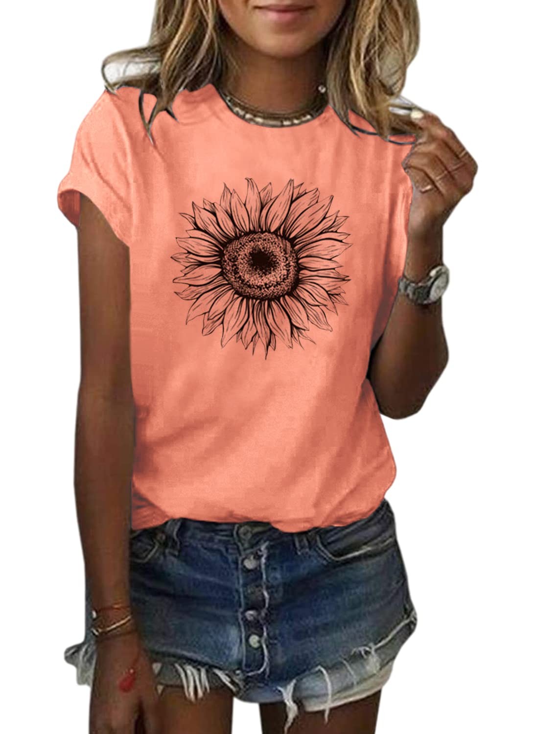 Cicy Bell Women’s T Shirts Short Sleeve Tees Sunflower Graphic Large, Orange