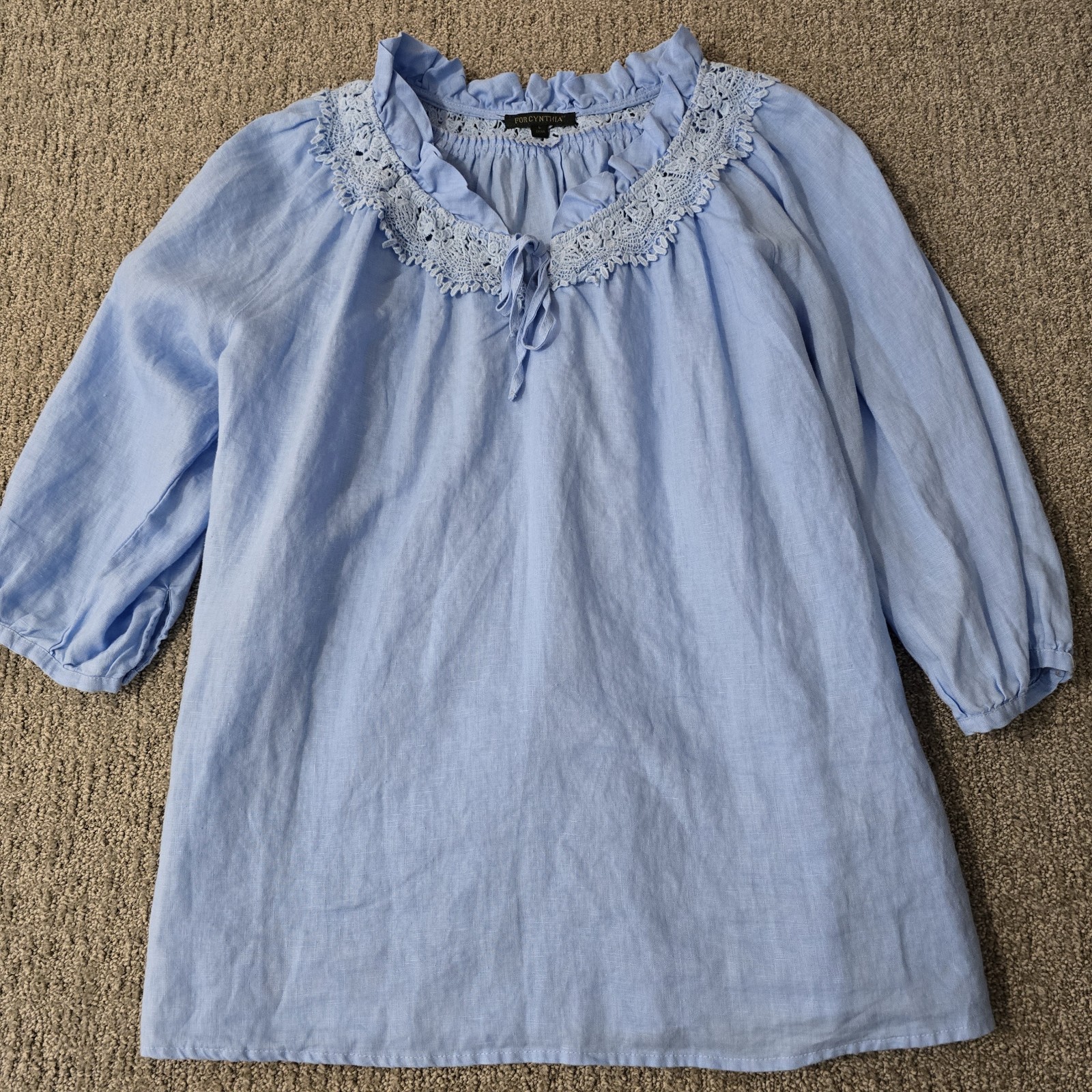 Linen Cottagecore Peasant Blouse Blue Crochet Lace Boho Romantic Top L