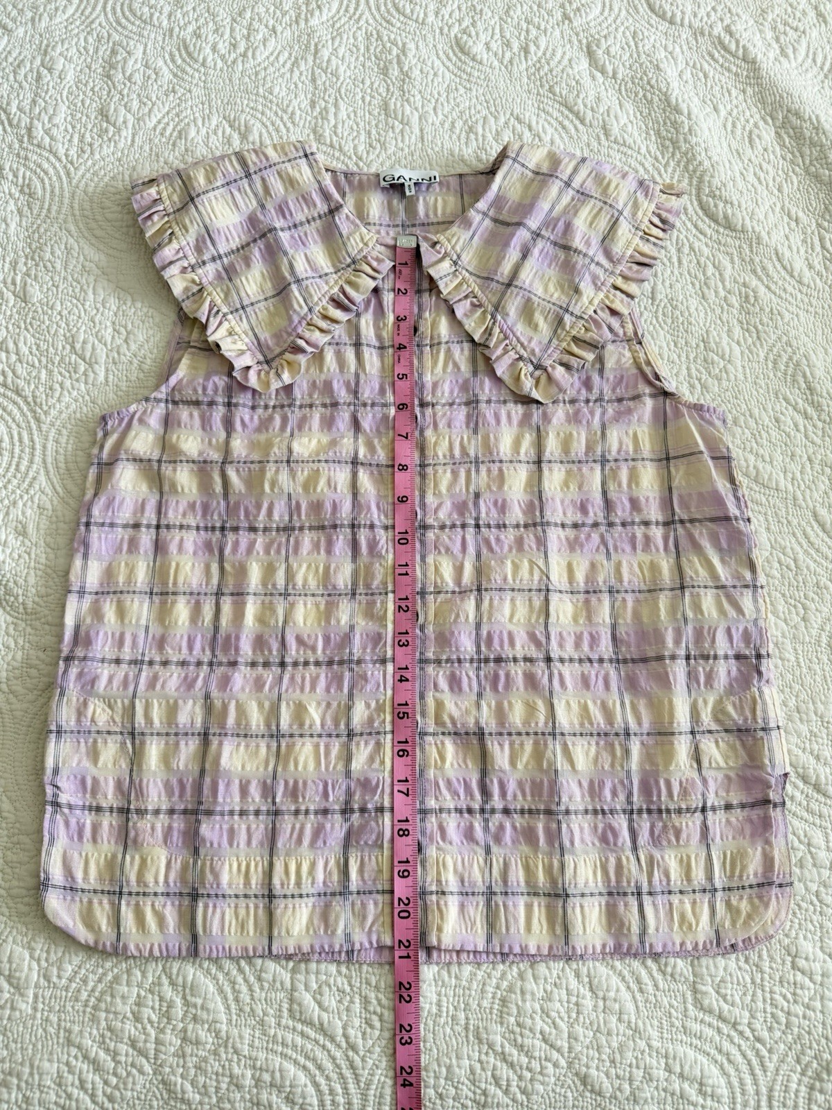 GANNI Womens Medium EU 40 Purple Check Ruffle Collar Blouse Scandi Feminine