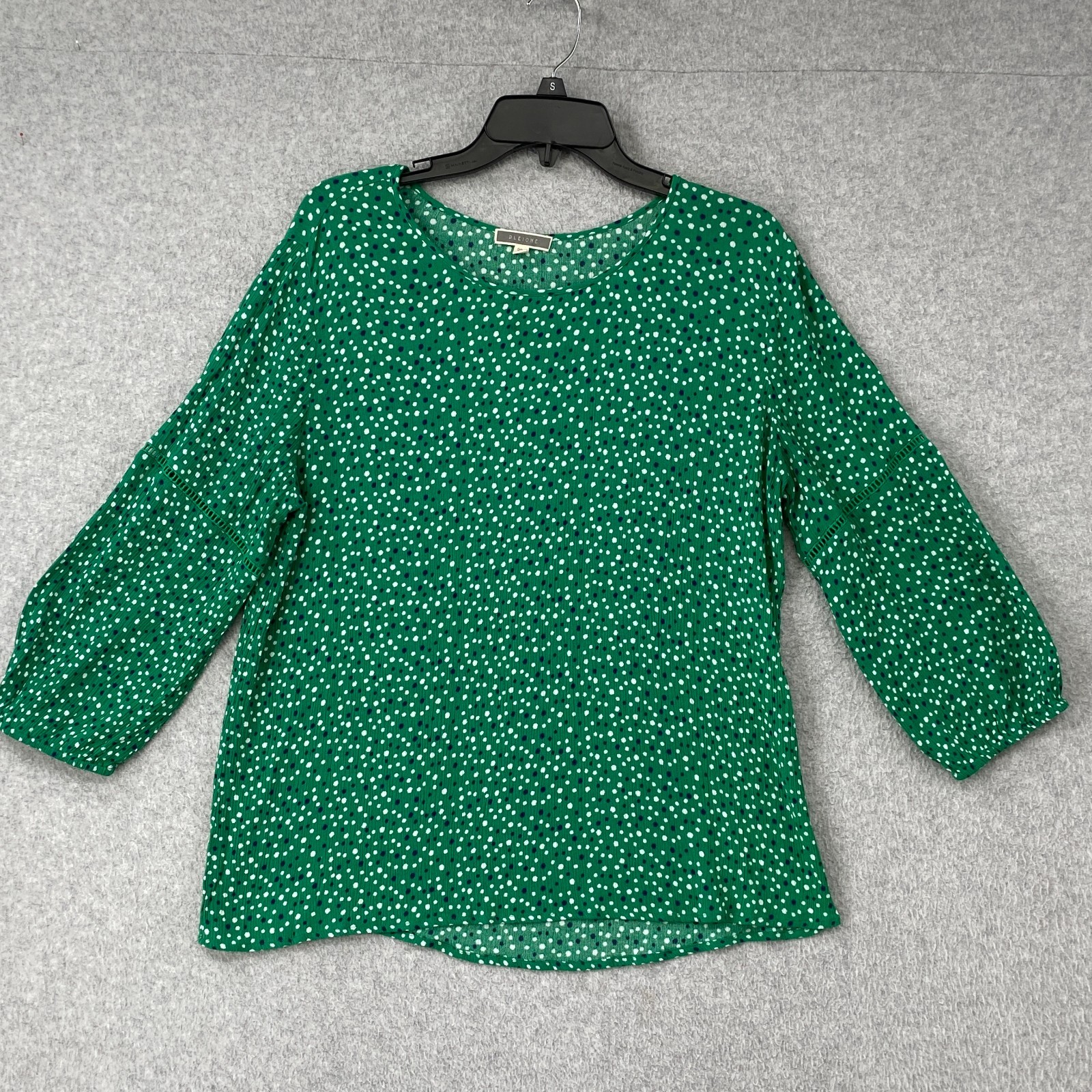 Pleione Top Womens L Green Polka Dot Crinkle Puff Sleeve Pullover Blouse Career