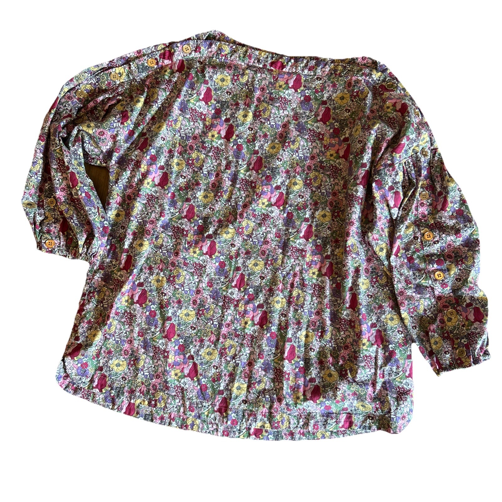 Buru Boatneck Top With Floral Print 3/4 Balloon Sleeves Gold Buttons, Size XL