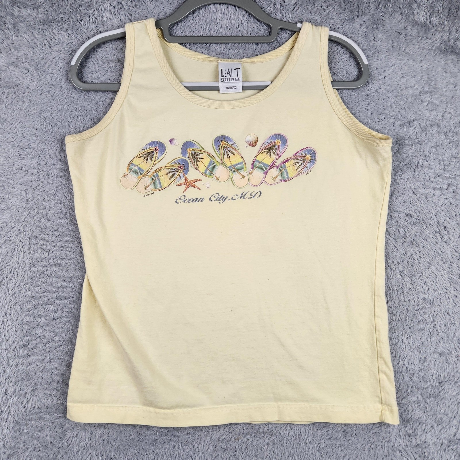 Vintage LA T Sportswear Tank Top Womens Large Yellow Ocean City MD Flip Flop