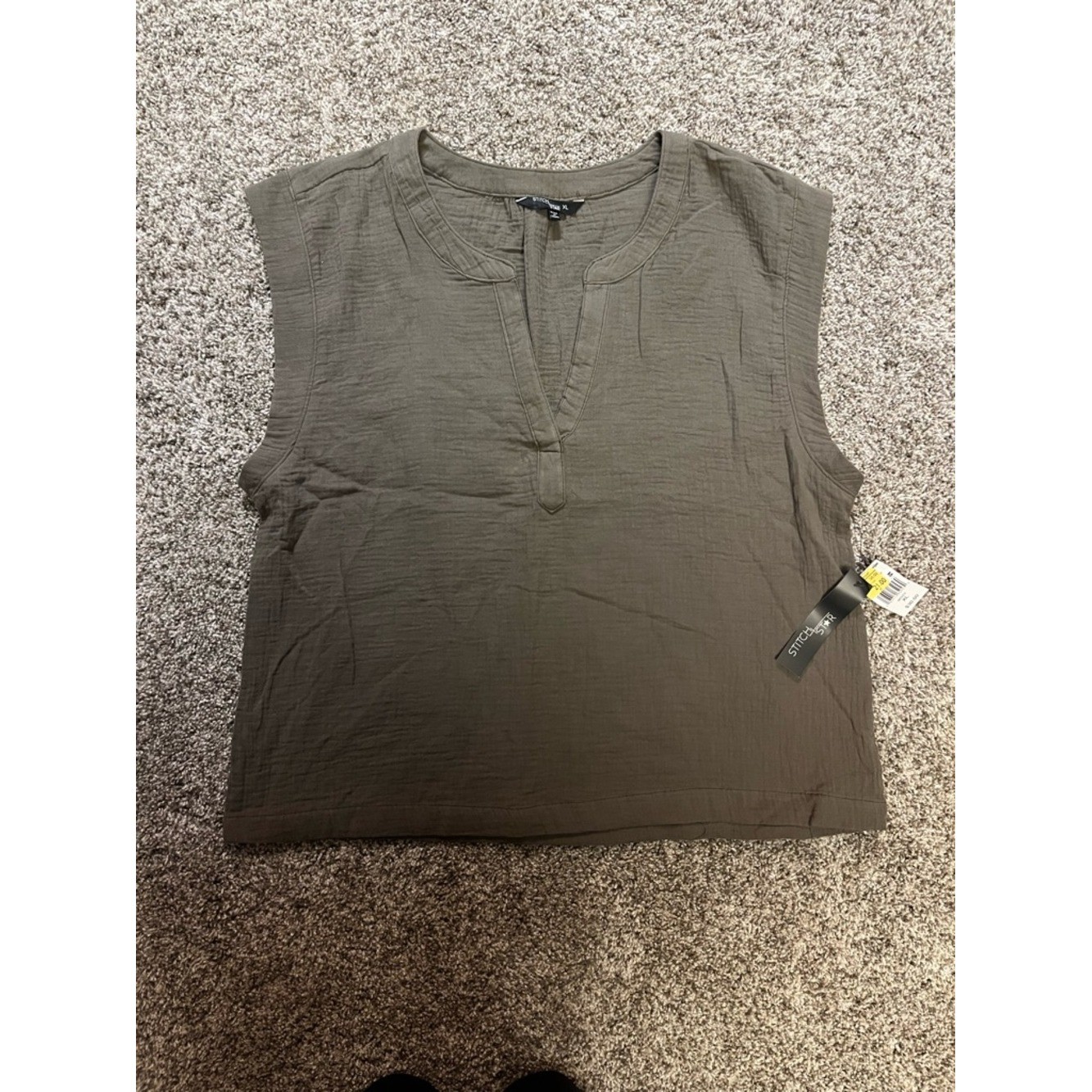 Stitch & Soul Olive Split-Neck Sleeveless Tank