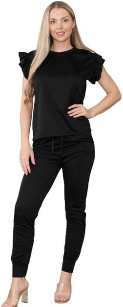 Ladies Frill Peplum Sleeve Boxy Top Bottom Tracksuit Womens Lounge Wear Set