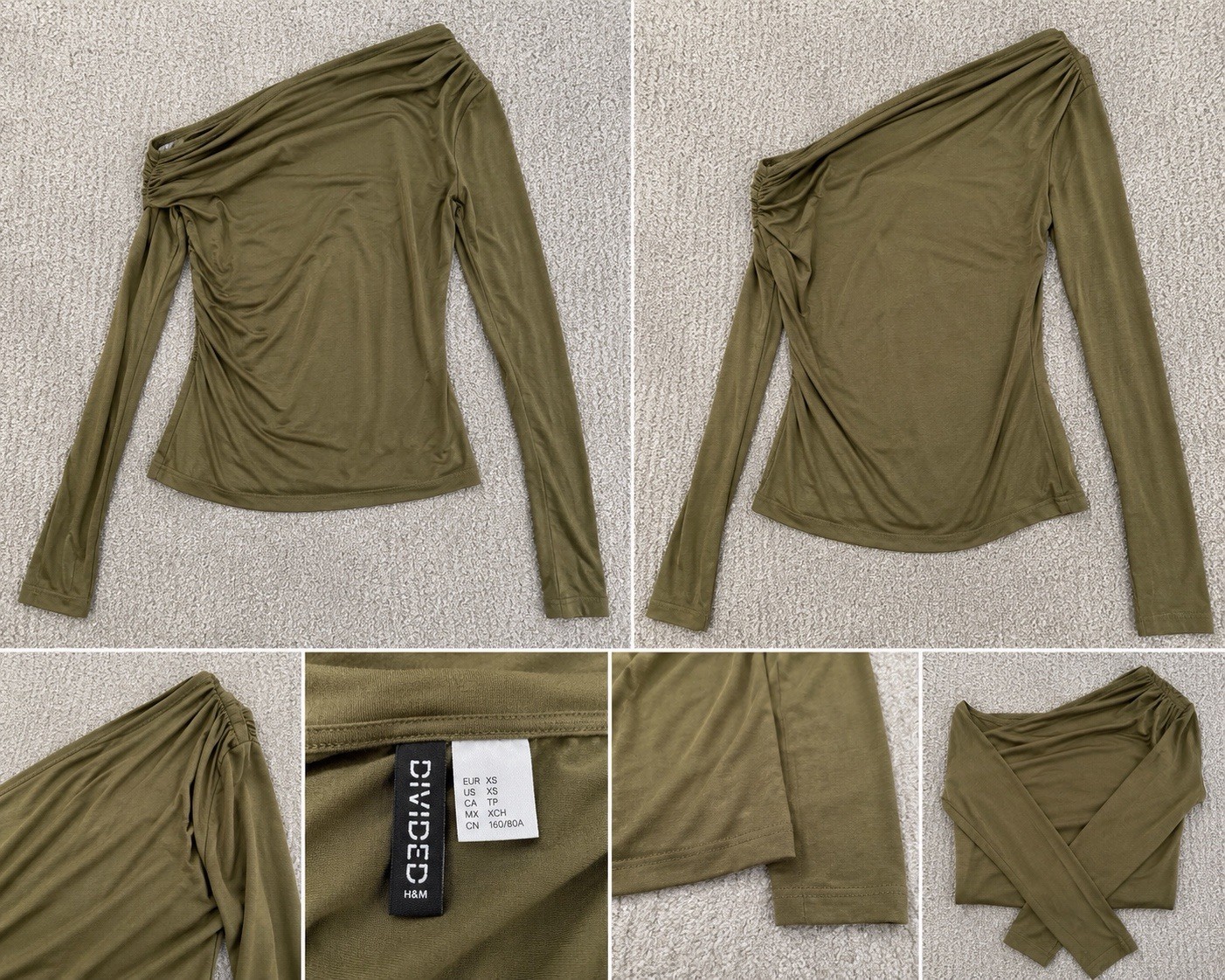 H&M Divided DRAPED ONE-SHOULDER TOP sz XS NWT Khaki green