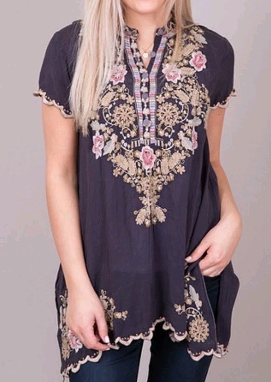Johnny Was Charcoal Gray Embroidered Talum Tunic 3/4 Slv Silk Blend Boho S