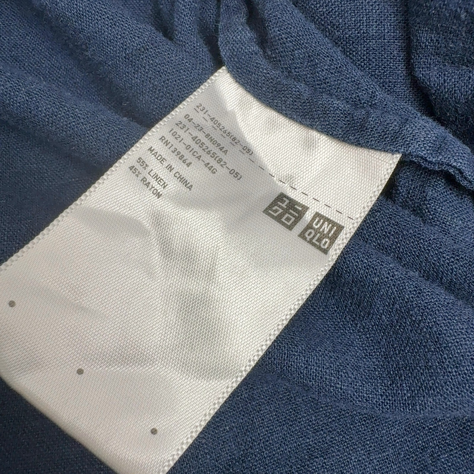 Uniqlo Blouse Womens XS Blue Linen Rayon Peasant Tie Neck Boho Casual