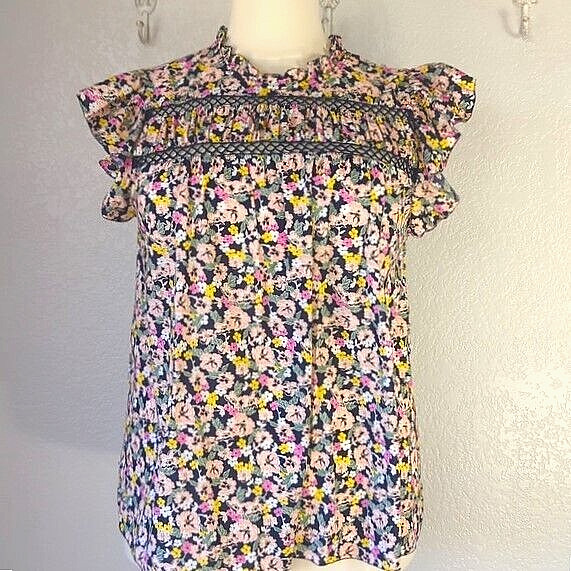 Lane Bryant Size 18 Peasant Blouse Navy Floral Flutter Cap Sleeves Cotton