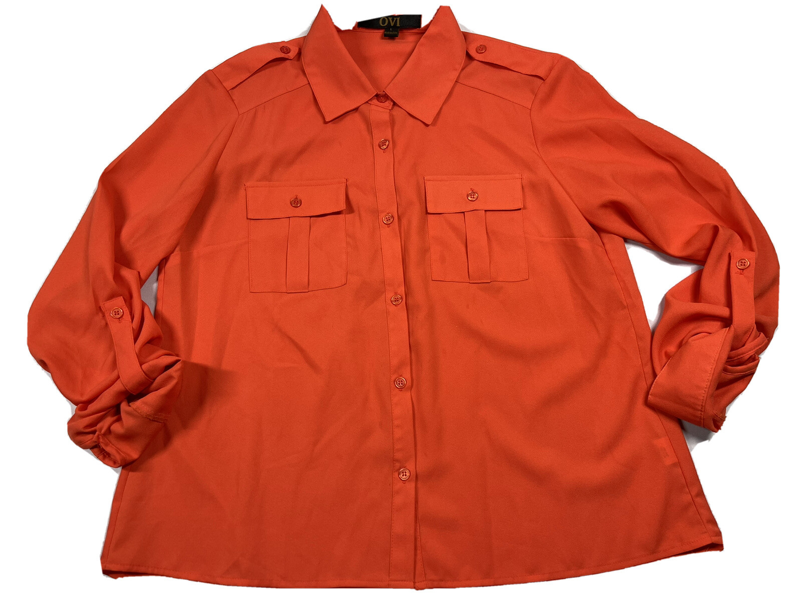 OVI Size L Large Orange Button Tap Sleeves Roll Up Collared Button Down Blouse
