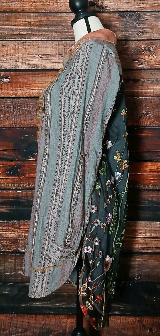 Soft Surroundings Tunic Top S Boho Long Ruffle Embroidered Roll Tab Cuff Button