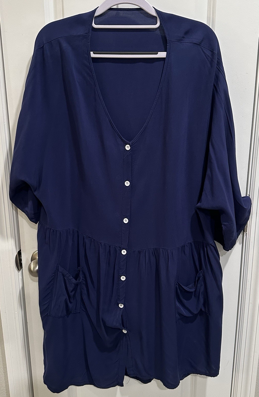 Navy Blue Tunic Top Button Up Front With Pockets In The Front.