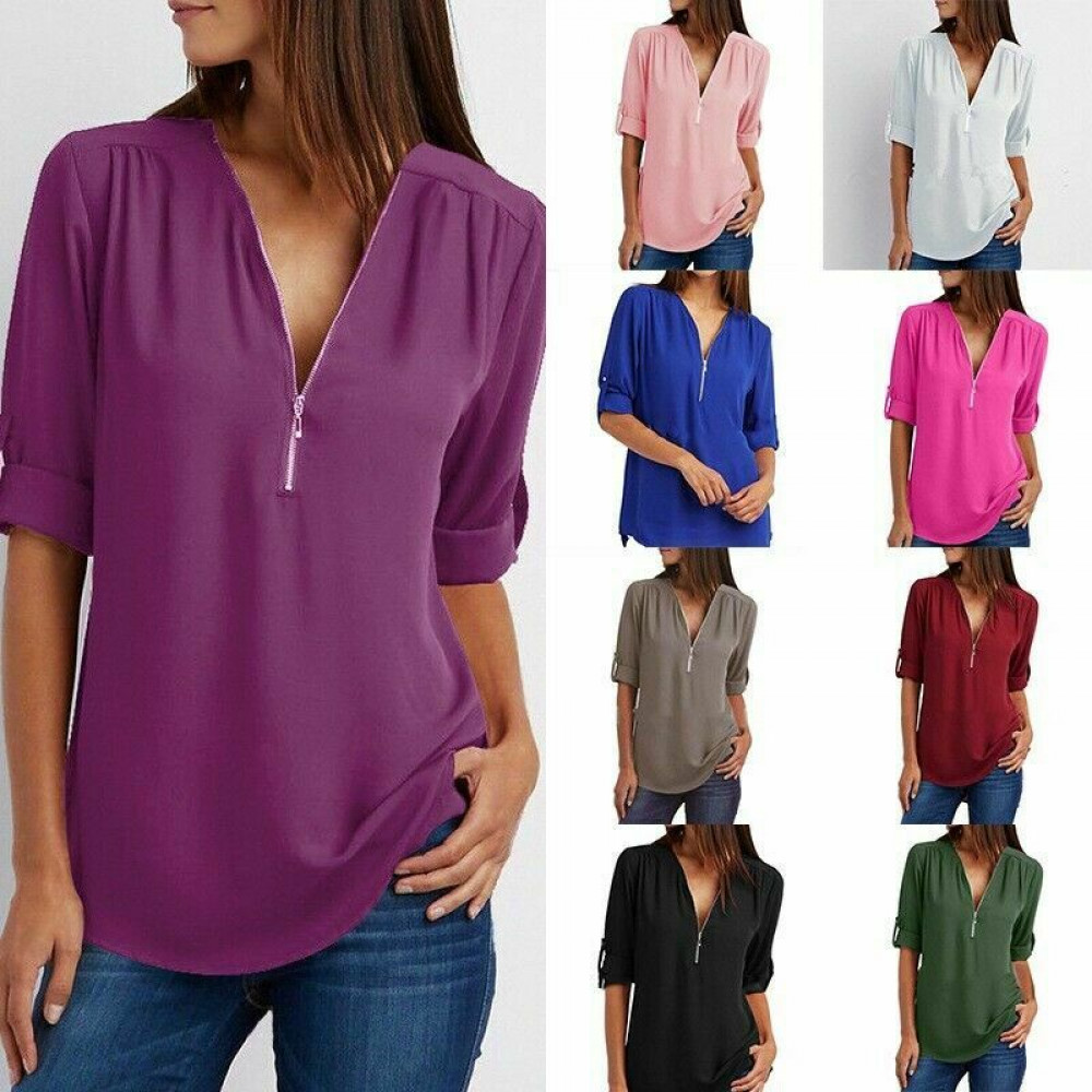 Women’s V-Neck Zipper Shirt Long Sleeve Loose Chiffon Basic Solid Tops Blouse