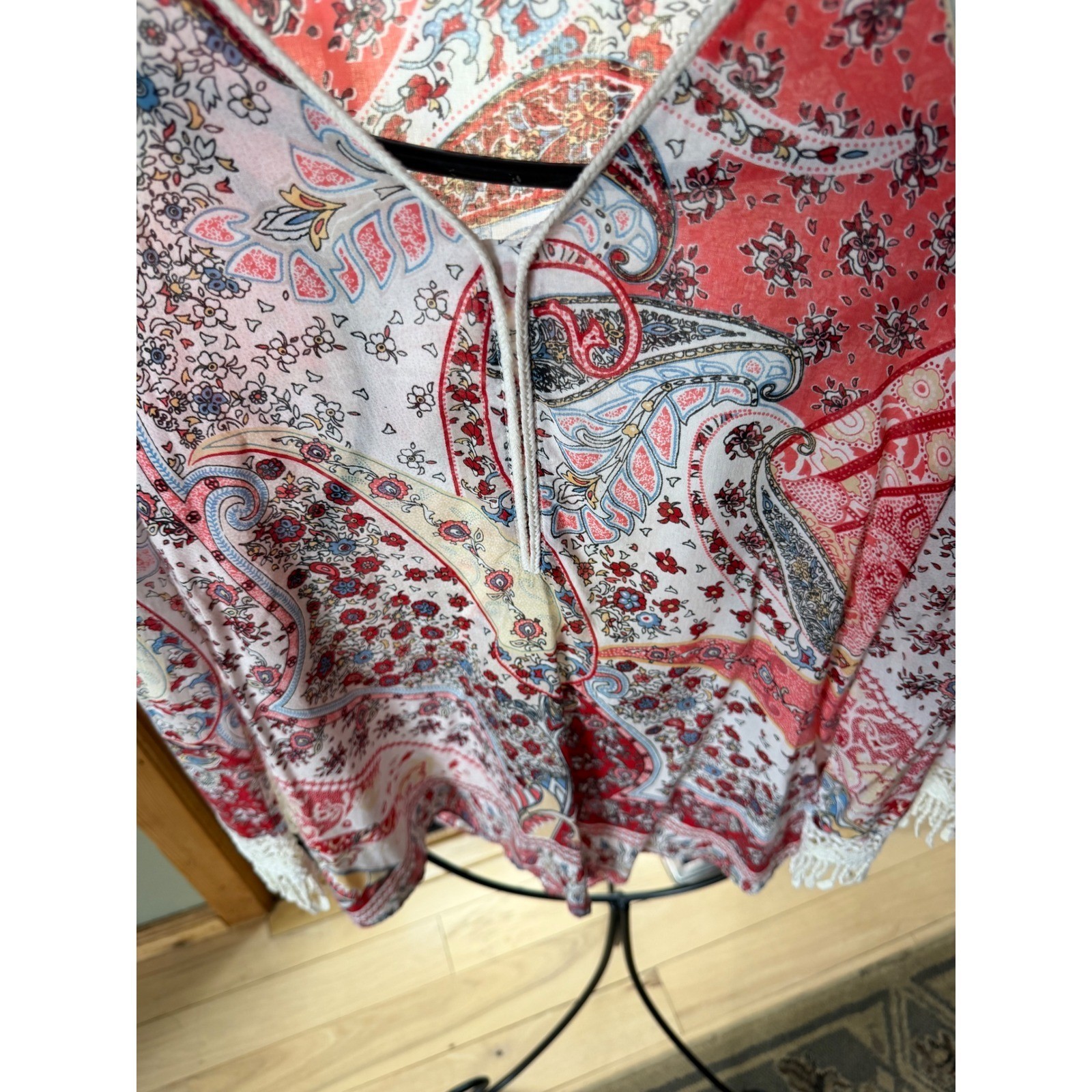 Sundance Womens Red Paisley Floral Rayon Boho Blouse Fringe Tassels Size M