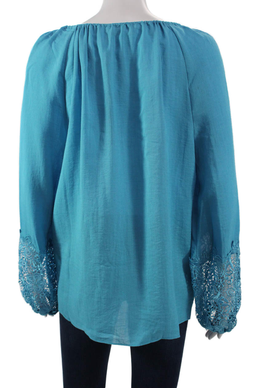 T Tahari Womens Tunic Blouse Blue Long Sleeve Round Neck Rayon Nylon Size M