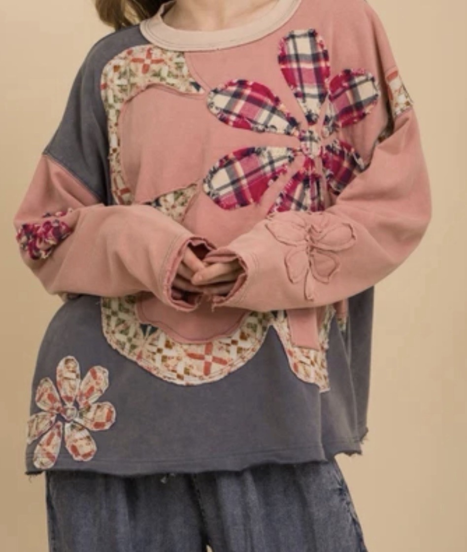 BlueVelvet Womens M Oversized Colorblock Floral Patchwork Terry Top Pockets