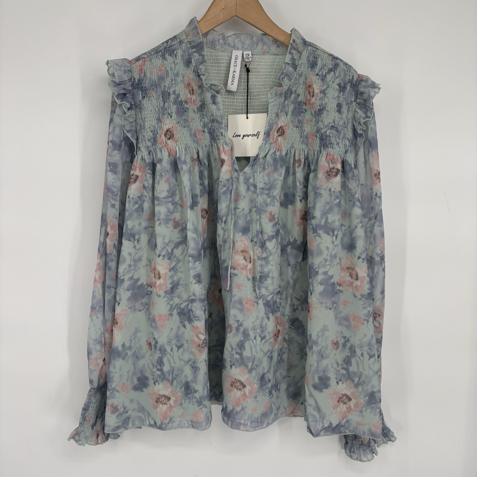 Grace + Karma Womens Floral Tunic Top 2X Chiffon Smocked Ruffle Boho Peasant