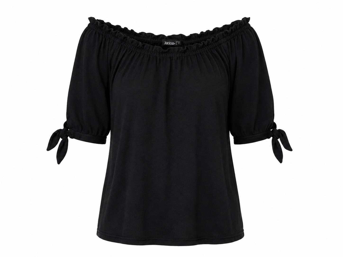 Janina women’s blouse black size 36 off shoulder 100% cotton short sleeve bows