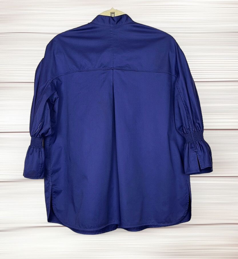 COS Royal Blue Cotton Sateen Blouse Oversized Top Smocked Bell Sleeves US 2