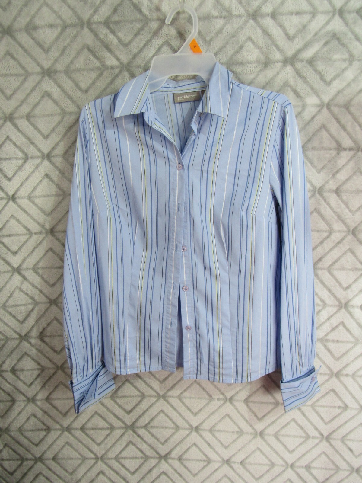 Croft Barrow Top Size S Blue Striped Button Up Front Collar Long Sleeve Career